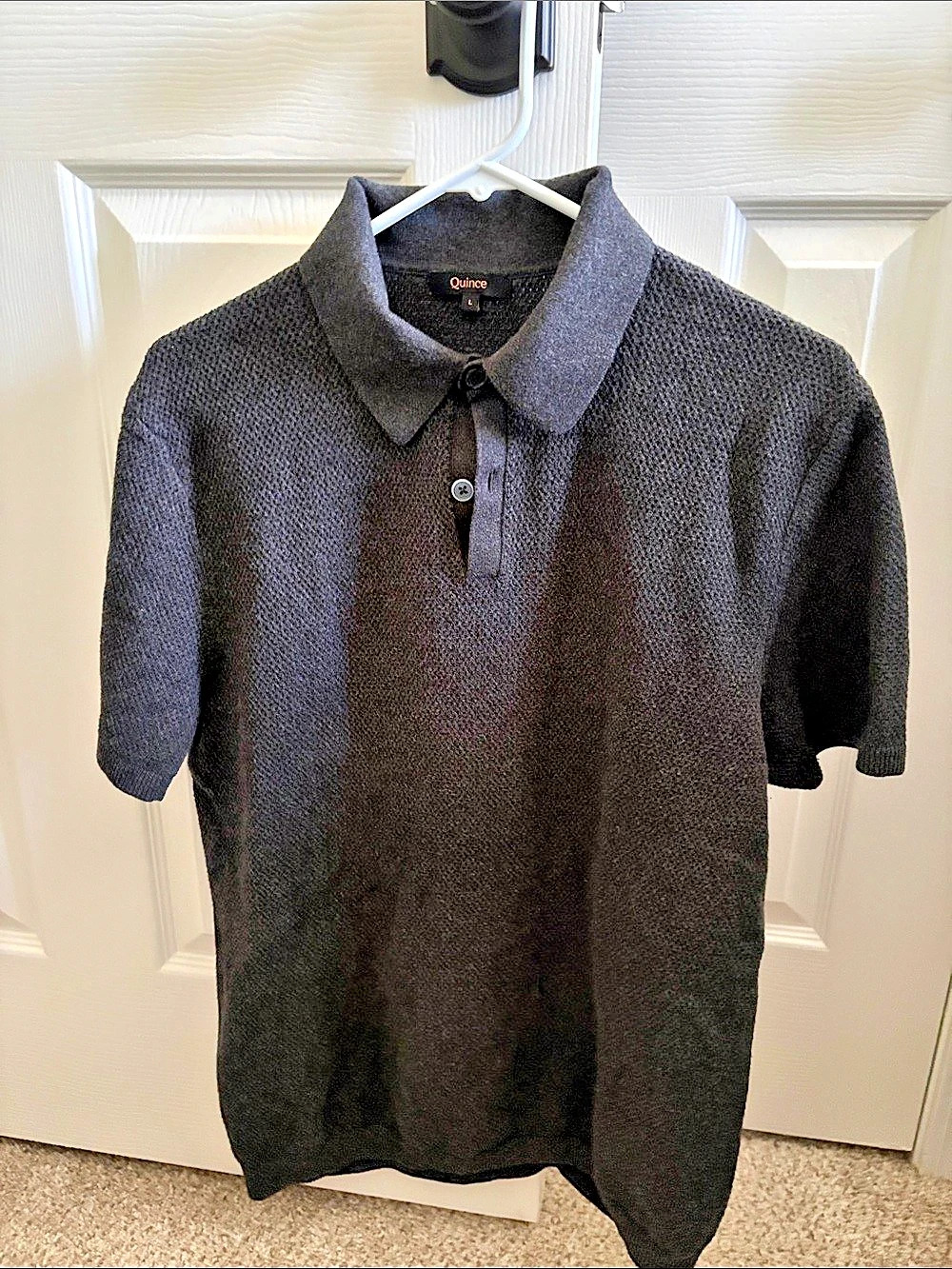 Good Used Condition- Quince 100% Cotton Mesh-Stitch Sweater Polo Black Larg